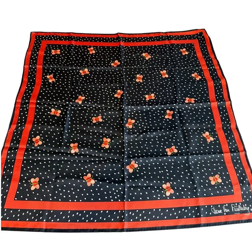 Vintage Diane Von Furstenberg Silk Scarf Black Orange Polka Dot Print